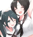  2girls arm_up bare_shoulders black_hair blue_eyes blue_hair blush breasts closed_eyes collarbone commentary hair_ribbon hand_on_another&#039;s_head headband isuzu_(kantai_collection) kantai_collection long_hair medium_breasts morinaga_(harumori) multiple_girls nagara_(kantai_collection) neckerchief one_eye_closed open_mouth ribbon school_uniform serafuku short_hair simple_background sleeveless smile sweatdrop twintails upper_body white_background 