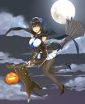  1girl bell bell_collar black_hair black_legwear blue_eyes blue_rose blush breasts broom broom_riding cat collar eyebrows_visible_through_hair flower full_moon green_eyes hairband heterochromia high_heels highres jack-o&#039;-lantern large_breasts looking_at_viewer moon night night_sky open_mouth original pantyhose pumpkin rose skirt sky smile teeth ukeuke white_skirt witch 