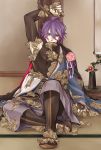  1boy ahoge arm_up armpits blue_eyes bound clenched_hands eyelashes jacket_on_shoulders japanese_clothes kasen_kanesada looking_at_viewer male_focus mocollie money mouth_hold pale_skin purple_hair scroll sitting solo tatami touken_ranbu vase 