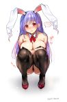  1girl absurdres animal_ears bangs bare_shoulders black_legwear breasts bunny_girl bunnysuit cleavage dated detached_collar eyebrows_visible_through_hair flying_sweatdrops full_body highres kanzaki_maguro large_breasts long_hair looking_at_viewer rabbit_ears red_shoes reisen_udongein_inaba shoes simple_background sketch solo spoken_blush squatting thigh-highs touhou wavy_mouth white_background 