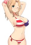  1girl american_flag_bikini armpits arms_up bangs bikini breasts cleavage cowboy_shot flag_print girls_und_panzer green_eyes grin hat kay_(girls_und_panzer) large_breasts light_brown_hair looking_at_viewer medium_hair navel one_eye_closed parted_bangs side-tie_bikini simple_background smile solo strap_gap swimsuit white_background 