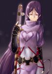  1girl absurdres arm_armor belt bodysuit breasts cape commentary_request covered_navel cowboy_shot fate/grand_order fate_(series) fingerless_gloves gauntlets gloves hair_between_eyes highres holding holding_sword holding_weapon large_breasts long_hair long_sleeves looking_at_viewer minamoto_no_raikou_(fate/grand_order) night night_sky niwatazumi purple_hair sidelocks skindentation sky smile solo star_(sky) sword violet_eyes weapon 
