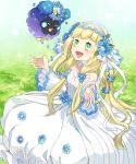  1girl blonde_hair cosmog dress flower grass green_eyes hair_flower hair_ornament lillie_(pokemon) long_hair open_mouth petals pokemon pokemon_(creature) pokemon_(game) pokemon_sm sasairebun sleeveless sleeveless_dress wedding_dress white_dress 