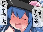 1girl ^_^ blue_hair blush clenched_hand closed_eyes commentary_request food fruit full-face_blush hammer_(sunset_beach) hat hinanawi_tenshi long_hair open_mouth peach solo touhou translation_request upper_body 