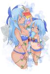  2girls ;) absurdres arm_at_side bad_proportions bikini bikini_tan blue_bikini blue_eyes blue_hair bow breasts child cirno cleavage cropped_legs dual_persona flat_chest flower food hair_bow half_updo hidden_star_in_four_seasons highres ice ice_wings large_breasts long_hair mouth_hold multiple_girls navel one-piece_tan one_eye_closed plant popsicle pushun_(muteki) short_hair sketch smile sunflower swimsuit tan tanline tanned_cirno touhou vines wings younger 