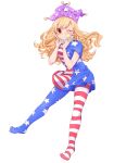  1girl absurdres american_flag_dress american_flag_legwear blush breasts clownpiece double_v dress eyebrows_visible_through_hair full_body hat highres jester_cap long_hair medium_breasts neck_ruff no_wings one_eye_closed pantyhose red_eyes short_dress short_sleeves simple_background smile solo star star_print striped touhou v white_background yukina_(masyumaro610) 