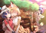  4girls animal_ears backpack bag black_gloves black_hair blonde_hair blush bow bowtie brown_eyes bucket_hat closed_eyes commentary_request common_raccoon_(kemono_friends) cross-laced_clothes elbow_gloves fennec_(kemono_friends) fox_ears fur_collar gloves hat hat_feather higashimura high-waist_skirt japari_symbol kaban_(kemono_friends) kemono_friends lucky_beast_(kemono_friends) multicolored_hair multiple_girls one_eye_closed open_mouth raccoon_ears raccoon_tail red_shirt serval_(kemono_friends) serval_ears serval_print serval_tail shirt short_hair short_sleeves skirt sleeveless sleeveless_shirt striped_tail tail 