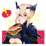  ! 1girl artoria_pendragon_alter_(fate/grand_order) bangs blonde_hair blush breasts cleavage closed_mouth eating eyebrows_visible_through_hair fate/grand_order fate_(series) food food_on_face hair_between_eyes holding holding_food ichigopantsu large_breasts pauldrons saber saber_alter sandwich sidelocks solo sparkle spoken_exclamation_mark twitter_username under_boob upper_body yellow_eyes 