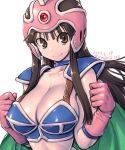  1girl amania_orz armor bikini_armor black_hair breasts brown_eyes cape chi-chi_(dragon_ball) choker collarbone dated dragon_ball elbow_gloves gloves helmet large_breasts long_hair looking_at_viewer pauldrons pink_gloves shiny shiny_hair sidelocks smile solo twitter_username upper_body 