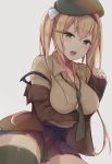  beret blonde_hair blush breast_rest breasts girls_frontline green_eyes hat highres jacket large_breasts long_hair loose_necktie m1_garand_(girls_frontline) necktie off_shoulder open_mouth skirt thigh-highs unbuttoned unbuttoned_shirt zhi_zhi/zu_zu 