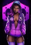  1girl breasts center_opening cleavage dandon_fuga hands_in_pockets hood hoodie looking_at_viewer multicolored_hair overwatch panties purple_hair solo sombra_(overwatch) thigh-highs thigh_gap two-tone_hair underwear unzipped 