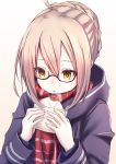  1girl ahoge bangs baozi beige_background black-framed_eyewear blush braid coat eneo fate/grand_order fate_(series) food french_braid glasses gradient gradient_background hair_between_eyes hair_bun heroine_x heroine_x_(alter) holding holding_food nose_blush open_clothes open_coat parted_lips plaid plaid_scarf red_scarf saber scarf semi-rimless_glasses sidelocks solo under-rim_glasses upper_body 