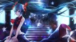  1girl aqua_hair ascot blue_eyes blurry bokeh breasts closed_mouth depth_of_field floating_hair hatsune_miku highres hong long_hair medium_breasts midriff revision shoulder_tattoo sitting skirt sleeveless smile solo stairs star star_print tattoo twintails very_long_hair violet_eyes vocaloid 