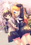  2girls :d :o ;d arm_up backpack bag bangs black_legwear black_skirt blonde_hair blue_eyes blush braid brown_eyes brown_hair dappled_sunlight day from_behind glasses hair_ornament highres holding_arm kneehighs kneepits long_hair long_sleeves looking_at_viewer multiple_girls nametakenoko neckerchief one_eye_closed open_mouth original outdoors pleated_skirt ponytail rimless_glasses school_bag school_uniform serafuku shoulder_bag single_braid skirt smile sunlight thighs white_neckerchief x_hair_ornament 