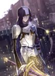  1boy armor blurry blurry_background breastplate copyright_name cowboy_shot depth_of_field dutch_angle fate/prototype fate_(series) holding holding_sword holding_weapon long_sleeves male_focus outdoors parted_lips pauldrons rain saber_(fate/prototype) shijiu_(adamhutt) solo sword weapon 