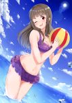  1girl anemone_noa ball beachball bikini blush breasts brown_hair clouds cloudy_sky dutch_angle eyebrows fisheye hair_down highres idolmaster idolmaster_cinderella_girls kamiya_nao lens long_hair looking_at_viewer navel ocean one_eye_closed open_mouth red_eyes sky smile solo sun swimsuit wading water 