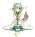  1girl absurdres aqua_hair blush collar commentary_request dog_tail eyebrows_visible_through_hair fate/grand_order fate_(series) green_hair highres hood horns japanese_clothes kagari3 kimono kiyohime_(fate/grand_order) leash long_hair long_sleeves open_mouth seiza sitting solo tail tail_wagging thigh-highs white_background wide_sleeves yellow_eyes 