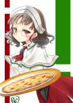  1girl artist_name brown_eyes brown_hair capelet chize food glasses headdress kantai_collection kerchief long_sleeves pince-nez pizza red_skirt roma_(kantai_collection) shirt short_hair skirt solo underskirt wavy_hair white_shirt white_skirt 