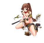  1girl artist_request blue_eyes breasts broken broken_weapon brown_hair cleavage full_body large_breasts long_hair midriff navel nejou_(oshiro_project) official_art oshiro_project oshiro_project_re ponytail sandals sitting solo thigh-highs torn_clothes transparent_background very_long_hair weapon 