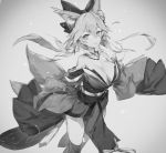  1girl animal_ears bare_shoulders bow breasts cleavage detached_sleeves fate/extra fate_(series) fox_ears fox_tail greyscale hair_bow hong japanese_clothes large_breasts looking_at_viewer monochrome parted_lips solo tail tamamo_(fate)_(all) tamamo_no_mae_(fate) thigh-highs wide_sleeves 
