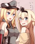  2girls bismarck_(kantai_collection) blonde_hair blue_eyes blush braid breastplate crown detached_sleeves dress french_braid hat highres kantai_collection kapatarou long_hair looking_at_viewer military_hat mini_crown multiple_girls off-shoulder_dress off_shoulder open_mouth peaked_cap translated upper_body warspite_(kantai_collection) white_dress 