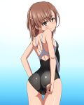  1girl adjusting_clothes adjusting_swimsuit ass asymmetrical_bangs bangs blue_background blush brown_eyes brown_hair closed_mouth competition_swimsuit cowboy_shot eyebrows_visible_through_hair from_behind gloves hair_ornament hairclip looking_back marupuni misaka_mikoto one-piece_swimsuit smile solo swimsuit thighs to_aru_kagaku_no_railgun to_aru_majutsu_no_index wedgie 