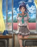 1girl aqua_neckerchief arms_at_sides blue_hair blurry breasts classroom clouds cloudy_sky commentary_request curtains day depth_of_field desk grey_skirt high_ponytail highres k_ryo large_breasts long_hair looking_at_viewer love_live! love_live!_sunshine!! matsuura_kanan neckerchief pleated_skirt ponytail revision school_desk school_uniform serafuku shirt short_sleeves skirt sky smile solo standing thigh_gap tie_clip violet_eyes wallet white_shirt window 