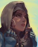  1girl alternate_costume bedouin_pharah blue_background brown_eyes brown_lipstick dark_skin day earrings eyeliner facial_mark fingerless_gloves gloves green_background green_sky hair_tubes highres hijab hoop_earrings jewelry lips lipstick long_ai looking_away looking_up makeup nose outdoors overwatch parted_lips pharah_(overwatch) portrait side_braids solo 