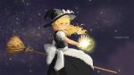  1girl apron artist_request blonde_hair braid broom broom_riding expressionless hat highres kirisame_marisa long_hair magic_circle skirt sky solo star_(sky) starry_sky touhou witch_hat yellow_eyes 