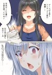  2girls aldehyde apron black_hair closed_eyes comic expressive_clothes highres long_hair multiple_girls neeko neeko&#039;s_mother open_mouth original shaded_face sidelocks silver_hair smile sweat translated 