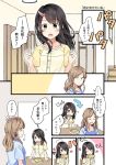  /\/\/\ 2girls apron bangs black_hair brown_hair comic commentary_request directional_arrow eating flying_sweatdrops green_eyes hair_ornament hairclip heart long_hair mother_and_daughter multiple_girls niichi_(komorebi-palette) original pajamas plate short_sleeves translation_request 