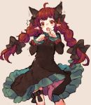  1girl :o ahoge alternate_hairstyle animal_ears bangs black_bow black_dress blush bow braid breasts cat_ears chobi_(sakuyasakuhana) dress eyebrows_visible_through_hair fang kaenbyou_rin long_hair long_sleeves looking_at_viewer motion_lines open_mouth paw_pose red_eyes red_ribbon redhead ribbon simple_background small_breasts solo standing sweat tareme thigh_strap touhou twin_braids twintails yellow_background 