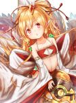  1girl animal_ears bandeau bangs baram beads blonde_hair blush chestnut_mouth collarbone commentary_request detached_sleeves eyebrows_visible_through_hair flat_chest granblue_fantasy hair_beads hair_ornament hands_in_sleeves harbin long_hair looking_at_viewer makira_(granblue_fantasy) midriff navel parted_lips pelvic_curtain petite red_eyes solo 