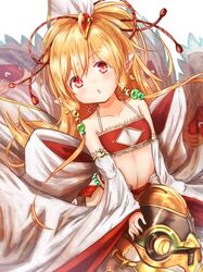  1girl animal_ears bandeau bangs baram beads blonde_hair blush chestnut_mouth collarbone commentary_request detached_sleeves eyebrows_visible_through_hair flat_chest granblue_fantasy hair_beads hair_ornament hands_in_sleeves harbin long_hair looking_at_viewer makira_(granblue_fantasy) midriff navel parted_lips pelvic_curtain petite red_eyes solo 