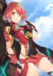  1girl bangs black_gloves blue_sky blush bodysuit boyshorts breasts closed_mouth clouds cloudy_sky covered_navel cowboy_shot eyebrows_visible_through_hair fingerless_gloves gloves pyra_(xenoblade) leaning_on_object looking_at_viewer medium_breasts outdoors red_eyes red_shorts redhead short_hair shorts sidelocks sky smile solo thighs tiara xenoblade xenoblade_2 yappen 