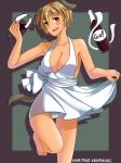  1girl absurdres alcohol alternate_costume animal_ears arm_up bare_shoulders barefoot blonde_hair blush bottle bow brave_witches breasts brown_eyes character_name cleavage collarbone commentary cup dog_ears dog_tail dress drinking_glass halterneck head_tilt highres hiroshi_(hunter-of-kct) large_breasts light_brown_hair looking_at_viewer open-back_dress open_mouth shadow short_hair sideboob skirt_hold smile solo standing standing_on_one_leg tail waltrud_krupinski white_dress wine wine_bottle wine_glass world_witches_series 