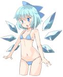  1girl arnest bare_arms bikini blue_bikini blue_bow blue_eyes blue_hair bow cirno cropped_legs flat_chest halter_top halterneck ice ice_wings micro_bikini navel short_hair simple_background solo swimsuit touhou white_background wings 