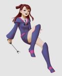  10s 1girl bangs breasts brown_hair carlo_montie collared_shirt dress happy highres holding holding_wand kagari_atsuko kneehighs little_witch_academia long_hair long_sleeves looking_at_viewer medium_breasts open_mouth parted_lips purple_dress shirt solo teeth wand white_shirt witch 