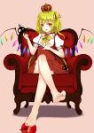  1girl apple bare_legs barefoot beige_background blonde_hair bow bowtie chair crown dress eyebrows_visible_through_hair feet flan_(seeyouflan) flandre_scarlet food fruit full_body hair_ribbon highres laevatein legs_crossed long_hair looking_at_viewer mini_crown nail_polish puffy_short_sleeves puffy_sleeves red_dress red_eyes red_nails red_ribbon ribbon short_sleeves simple_background sitting solo toes touhou underbust wings yellow_bow yellow_bowtie 