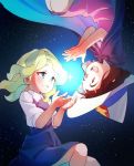  2girls :d bangs blue_eyes blunt_bangs brown_hair cape child diana_cavendish dress green_hair hat kagari_atsuko little_witch_academia long_hair looking_at_another miyazaki_shiori multiple_girls open_mouth red_eyes sky smile star_(sky) starry_sky upside-down witch_hat 