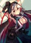  1girl armpits breasts candy cape cleavage cosplay fingerless_gloves food gloves guilty_gear guilty_gear_xrd highres hood jack-o_(guilty_gear) lollipop raven_(guilty_gear) raven_(guilty_gear)_(cosplay) red_eyes redhead solo suzunashi white_hair 