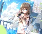  1girl blue_eyes blue_flower blush breasts brown_hair clouds collarbone day dohj00 eyebrows_visible_through_hair flower glass large_breasts light_rays long_hair looking_at_viewer navel original railing shelf sky solo sunbeam sunlight vase 