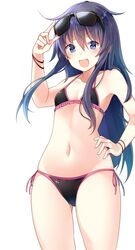  &gt;:d 1girl :d akatsuki_(kantai_collection) bare_arms bare_shoulders bikini black-framed_eyewear black_bikini blue_eyes blush bracelet collarbone cowboy_shot flat_chest frilled_bikini frills hair_between_eyes hand_on_hip highres jewelry kantai_collection long_hair looking_at_viewer matsunoki_(unknown_751) navel open_mouth pink_ribbon purple_hair ribbon side-tie_bikini smile solo standing stomach string_bikini sunglasses sunglasses_on_head swimsuit very_long_hair violet_eyes 