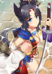  1girl black_hair blue_eyes braid breasts commentary_request detached_sleeves eyebrows fate/grand_order fate_(series) katana long_hair looking_at_viewer medium_breasts p!nta shore single_braid solo sword unsheathed ushiwakamaru_(fate/grand_order) weapon 