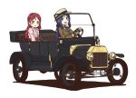  2girls :d :o absurdres blue_hair brown_coat brown_eyes car coat commentary_request convertible driving ford ford_model_t ground_vehicle hair_ornament hairclip half_updo hat highres japanese_clothes kimono license_plate long_hair love_live! love_live!_sunshine!! matsuura_kanan motor_vehicle multiple_girls neckerchief obi open_mouth pink_kimono ponytail rainforce redhead sakurauchi_riko sash simple_background smile steering_wheel violet_eyes white_background 