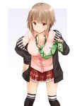  1girl bangs black_legwear blush breasts brown_eyes brown_hair cleavage closed_mouth collarbone dress_shirt eyebrows_visible_through_hair frills fujishima_shinnosuke gradient gradient_background green_necktie hand_on_hip hood hoodie large_breasts leaning_forward legs_apart long_sleeves looking_at_viewer loose_necktie necktie off_shoulder open_clothes open_hoodie original over-kneehighs pink_shirt plaid plaid_necktie plaid_skirt red_skirt safety_pin shirt short_hair_with_long_locks sidelocks skirt skull_print smile solo standing striped thigh-highs white_background 