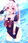  1girl black_gloves blush chita_(ketchup) collarbone eyebrows_visible_through_hair gloves harusame_(kantai_collection) hat highres kantai_collection long_hair looking_at_viewer neckerchief open_mouth pink_hair red_eyes red_neckerchief smile solo teeth tongue v wading water white_hat 