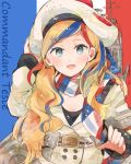  1girl :d anchor_hair_ornament bangs belt beret blonde_hair blue_eyes blue_hair character_name commandant_teste_(kantai_collection) double-breasted flag_background french_flag hair_ornament hat itomugi-kun kantai_collection long_hair looking_at_viewer machinery multicolored_hair open_mouth pom_pom_(clothes) redhead scarf smile solo streaked_hair swept_bangs white_hair 