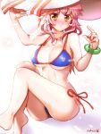  1girl :&lt; bikini blue_bikini blush breasts cleavage fate/extra fate_(series) hat large_breasts long_hair looking_at_viewer navel pink_hair rokico solo swimsuit tamamo_(fate)_(all) tamamo_no_mae_(swimsuit_lancer)_(fate) yellow_eyes 
