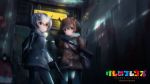  2girls :/ anchovy_(artist) backpack bag black_gloves blonde_hair blurry brown_coat brown_eyes brown_hair chromatic_aberration closed_mouth coat commentary copyright_name depth_of_field english eurasian_eagle_owl_(kemono_friends) fire_extinguisher fur_trim gloves grey_coat grey_hair gun hair_between_eyes handgun head_wings highres holding holding_gun holding_weapon holster indoors kemono_friends looking_away multicolored_hair multiple_girls northern_white-faced_owl_(kemono_friends) pantyhose pistol romaji short_hair shotgun standing suppressor thigh_holster tile_wall tiles weapon white_hair 